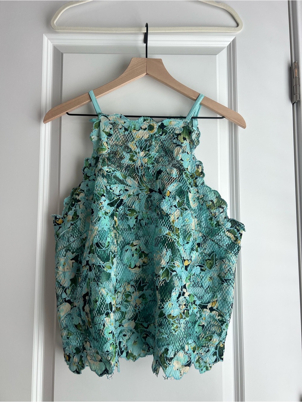 Anthropologie Turquoise Floral Lace Halter Tank